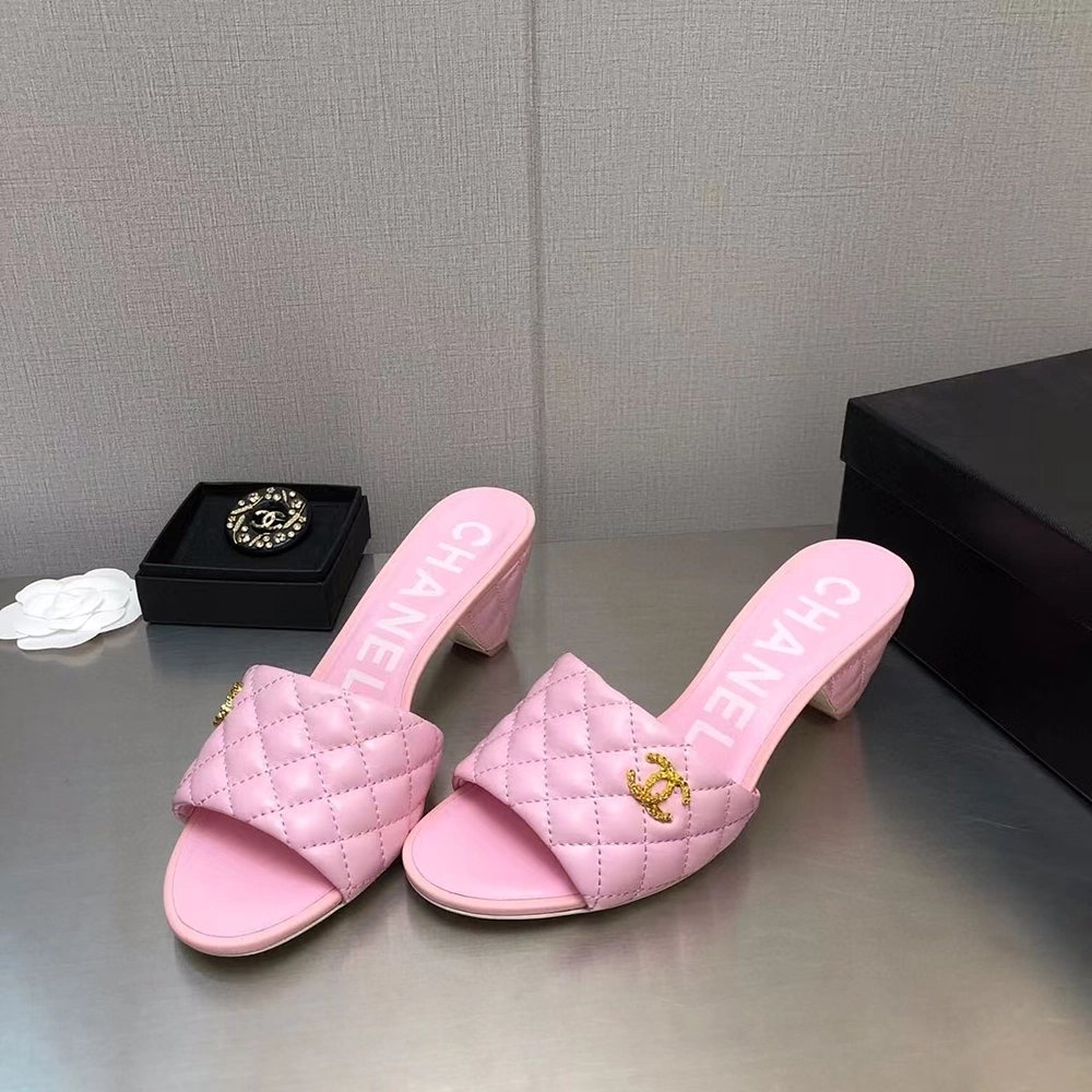 Chanel Lambskin Quilted CC Gold Logo Cone Heel Mule Slide Sandal,CHANEL SNEAKERS