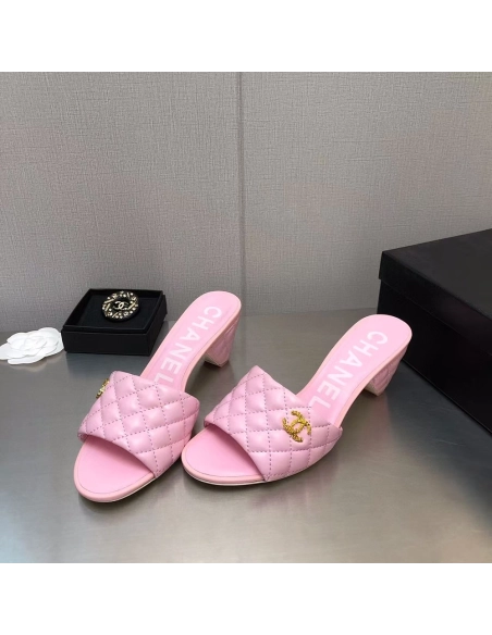 Chanel Lambskin Quilted CC Gold Logo Cone Heel Mule Slide Sandal,CHANEL SNEAKERS