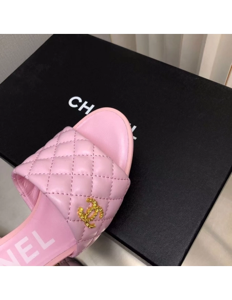 Chanel Lambskin Quilted CC Gold Logo Cone Heel Mule Slide Sandal,CHANEL SNEAKERS