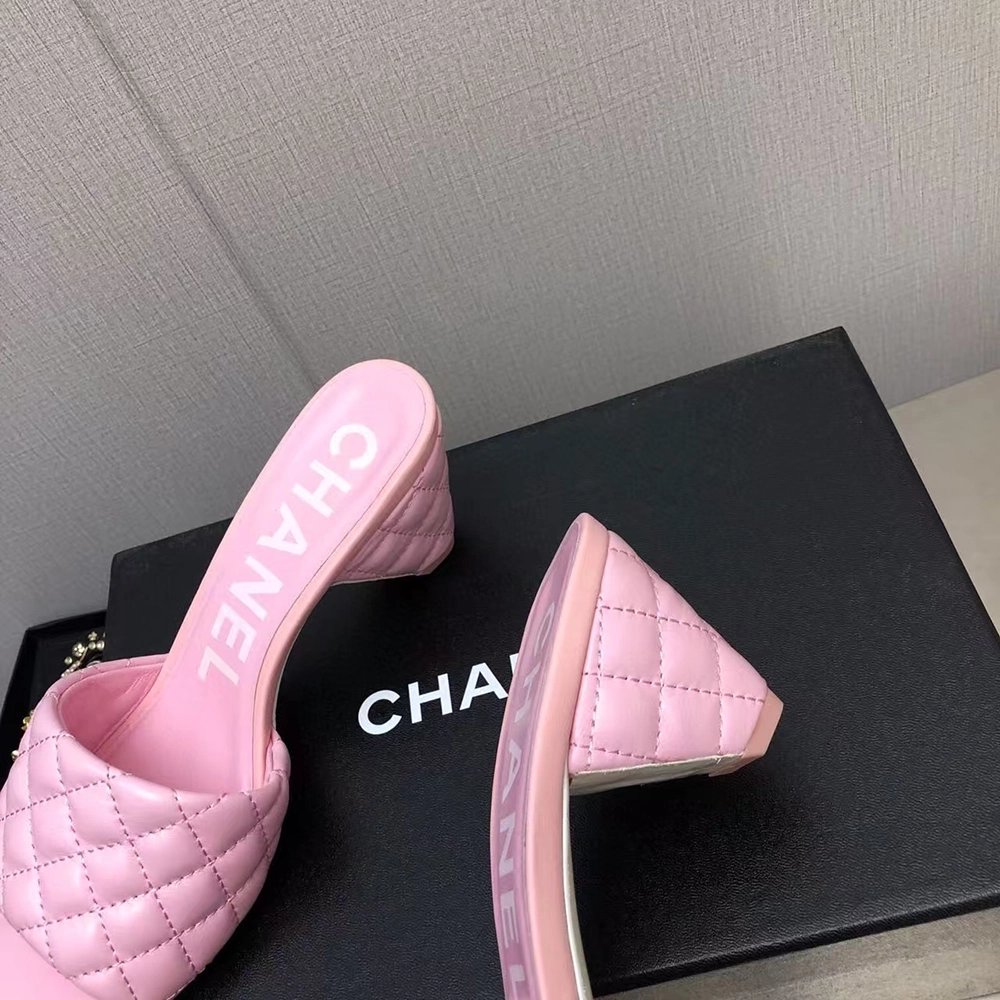 Chanel Lambskin Quilted CC Gold Logo Cone Heel Mule Slide Sandal,CHANEL SNEAKERS