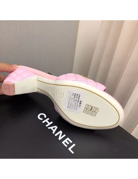 Chanel Lambskin Quilted CC Gold Logo Cone Heel Mule Slide Sandal,CHANEL SNEAKERS