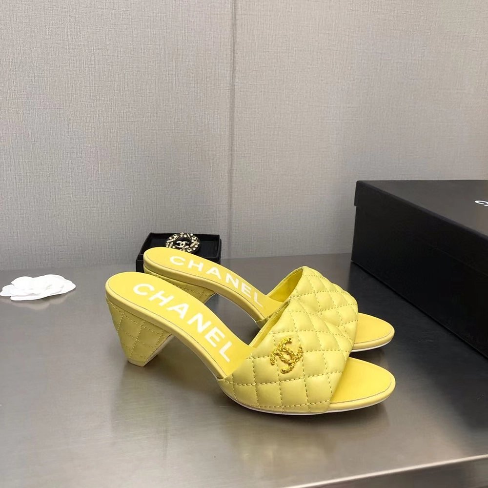 Chanel Lambskin Quilted CC Gold Logo Cone Heel Mule Slide Sandal,CHANEL SNEAKERS