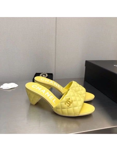 Chanel Lambskin Quilted CC Gold Logo Cone Heel Mule Slide Sandal,CHANEL SNEAKERS