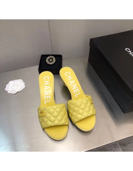 Chanel Lambskin Quilted CC Gold Logo Cone Heel Mule Slide Sandal,CHANEL SNEAKERS
