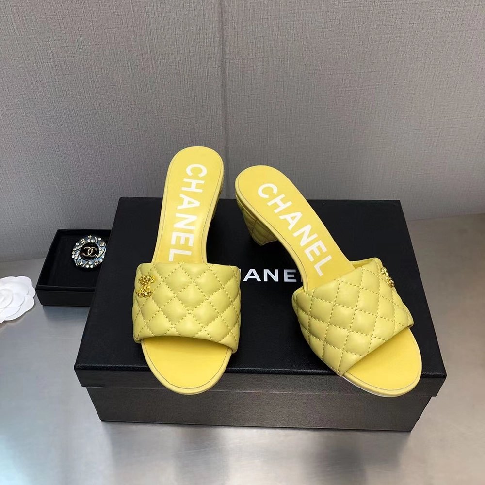 Chanel Lambskin Quilted CC Gold Logo Cone Heel Mule Slide Sandal,CHANEL SNEAKERS