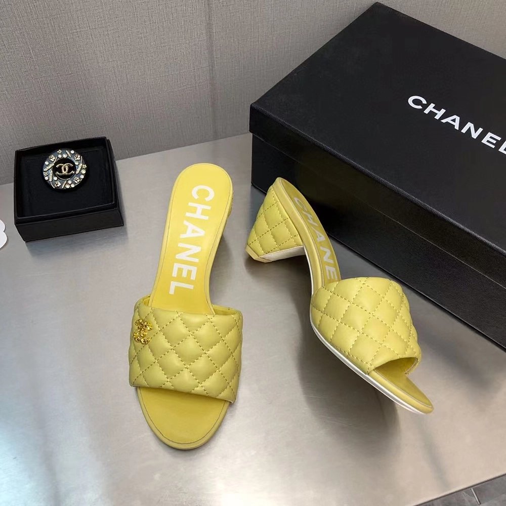Chanel Lambskin Quilted CC Gold Logo Cone Heel Mule Slide Sandal,CHANEL SNEAKERS