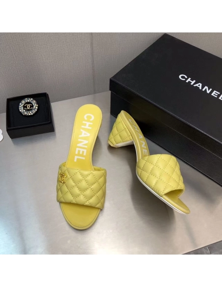 Chanel Lambskin Quilted CC Gold Logo Cone Heel Mule Slide Sandal,CHANEL SNEAKERS