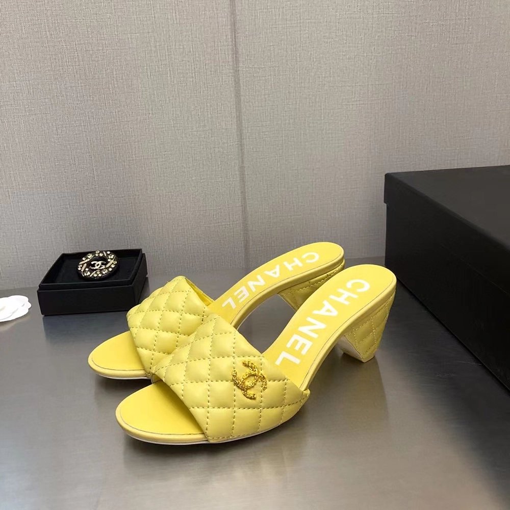 Chanel Lambskin Quilted CC Gold Logo Cone Heel Mule Slide Sandal,CHANEL SNEAKERS