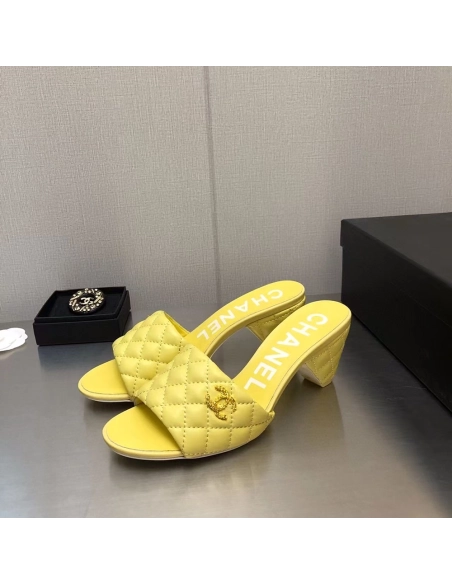 Chanel Lambskin Quilted CC Gold Logo Cone Heel Mule Slide Sandal,CHANEL SNEAKERS