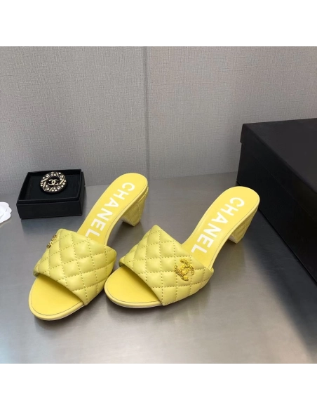 Chanel Lambskin Quilted CC Gold Logo Cone Heel Mule Slide Sandal,CHANEL SNEAKERS
