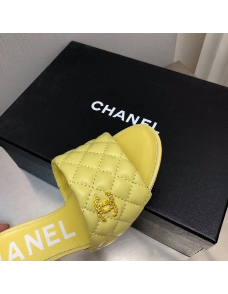 Chanel Lambskin Quilted CC Gold Logo Cone Heel Mule Slide Sandal,CHANEL SNEAKERS