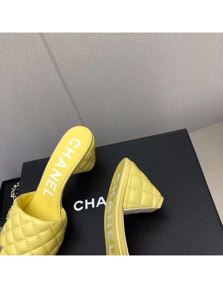 Chanel Lambskin Quilted CC Gold Logo Cone Heel Mule Slide Sandal,CHANEL SNEAKERS
