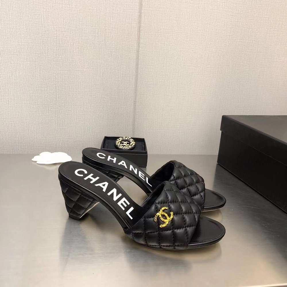 Chanel Lambskin Quilted CC Gold Logo Cone Heel Mule Slide Sandal,CHANEL SNEAKERS