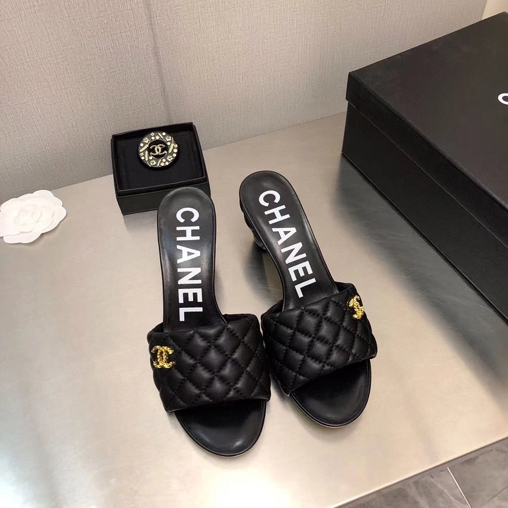 Chanel Lambskin Quilted CC Gold Logo Cone Heel Mule Slide Sandal,CHANEL SNEAKERS