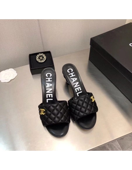 Chanel Lambskin Quilted CC Gold Logo Cone Heel Mule Slide Sandal,CHANEL SNEAKERS