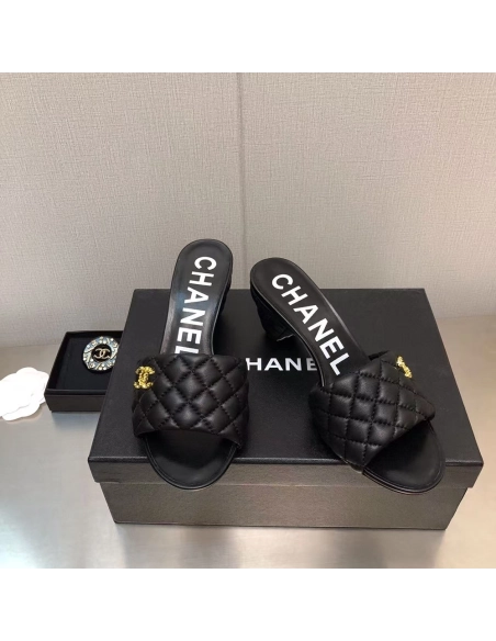 Chanel Lambskin Quilted CC Gold Logo Cone Heel Mule Slide Sandal,CHANEL SNEAKERS