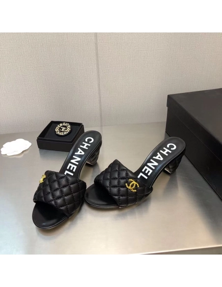 Chanel Lambskin Quilted CC Gold Logo Cone Heel Mule Slide Sandal,CHANEL SNEAKERS