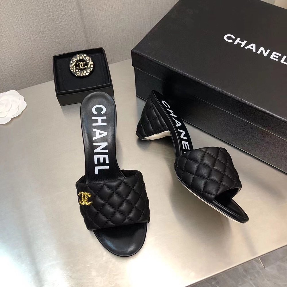 Chanel Lambskin Quilted CC Gold Logo Cone Heel Mule Slide Sandal,CHANEL SNEAKERS