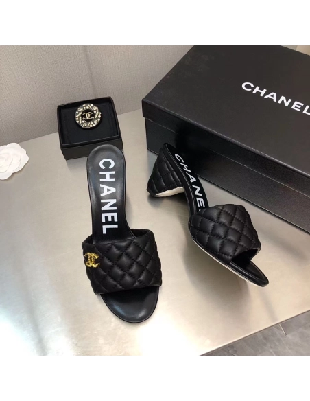 Chanel Lambskin Quilted CC Gold Logo Cone Heel Mule Slide Sandal,CHANEL SNEAKERS