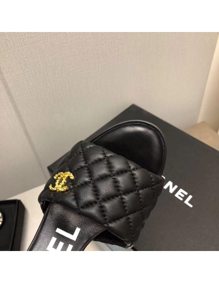 Chanel Lambskin Quilted CC Gold Logo Cone Heel Mule Slide Sandal,CHANEL SNEAKERS