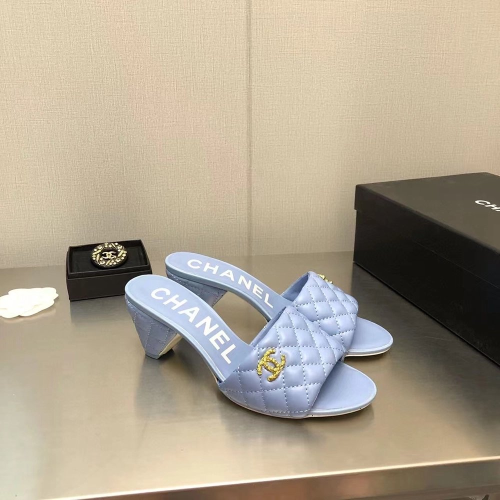 Chanel Lambskin Quilted CC Gold Logo Cone Heel Mule Slide Sandal,CHANEL SNEAKERS