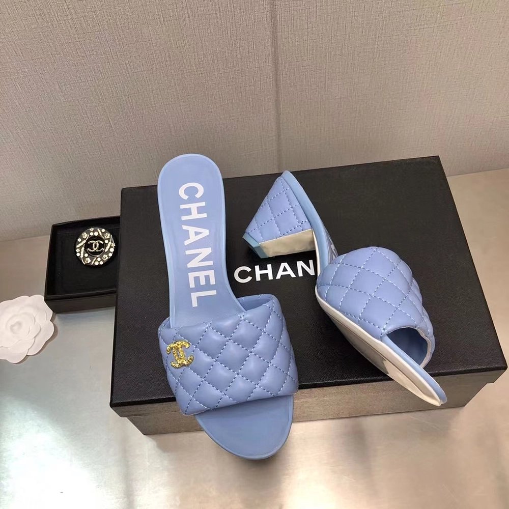 Chanel Lambskin Quilted CC Gold Logo Cone Heel Mule Slide Sandal,CHANEL SNEAKERS