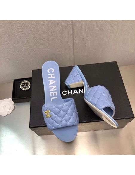 Chanel Lambskin Quilted CC Gold Logo Cone Heel Mule Slide Sandal,CHANEL SNEAKERS