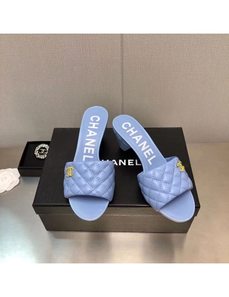 Chanel Lambskin Quilted CC Gold Logo Cone Heel Mule Slide Sandal,CHANEL SNEAKERS