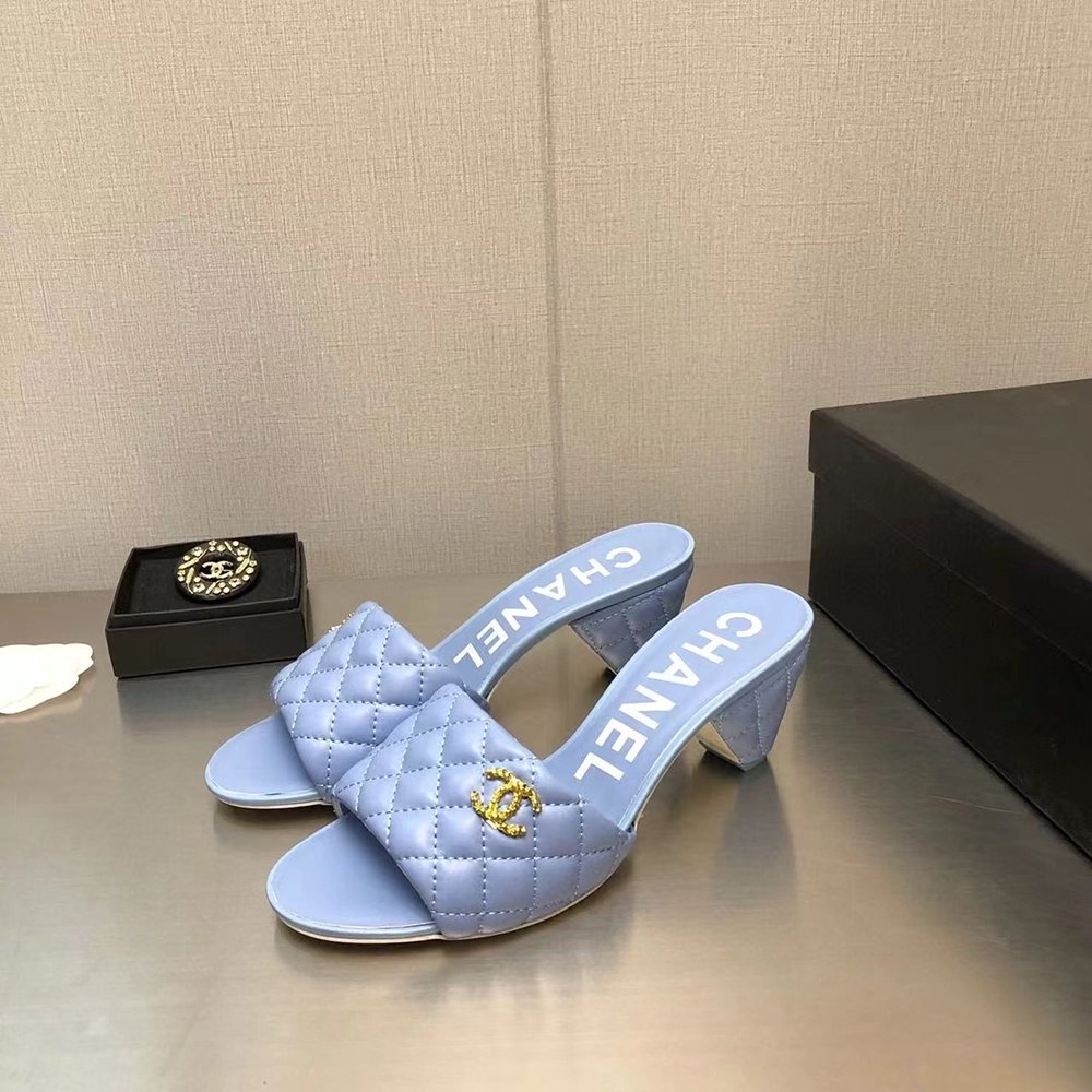 Chanel Lambskin Quilted CC Gold Logo Cone Heel Mule Slide Sandal,CHANEL SNEAKERS