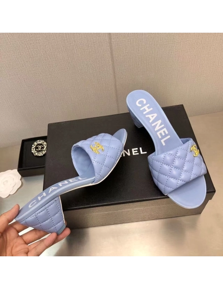 Chanel Lambskin Quilted CC Gold Logo Cone Heel Mule Slide Sandal,CHANEL SNEAKERS