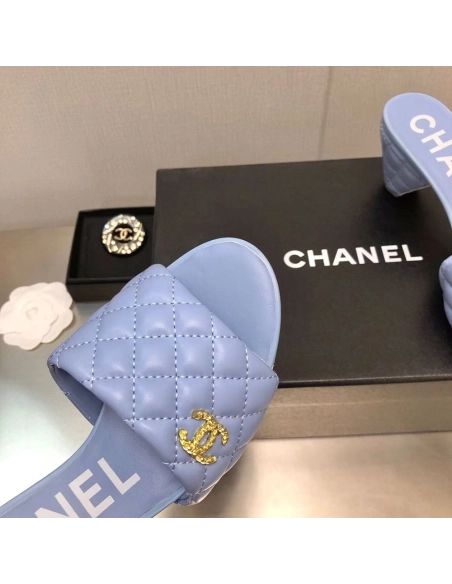 Chanel Lambskin Quilted CC Gold Logo Cone Heel Mule Slide Sandal,CHANEL SNEAKERS