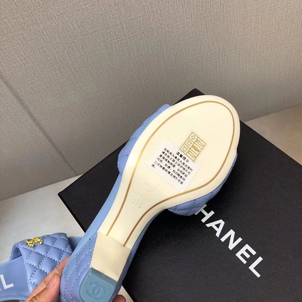 Chanel Lambskin Quilted CC Gold Logo Cone Heel Mule Slide Sandal,CHANEL SNEAKERS