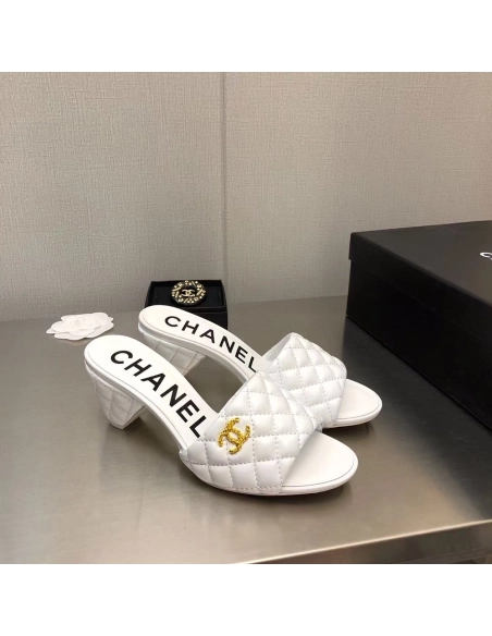 Chanel Lambskin Quilted CC Gold Logo Cone Heel Mule Slide Sandal,CHANEL SNEAKERS