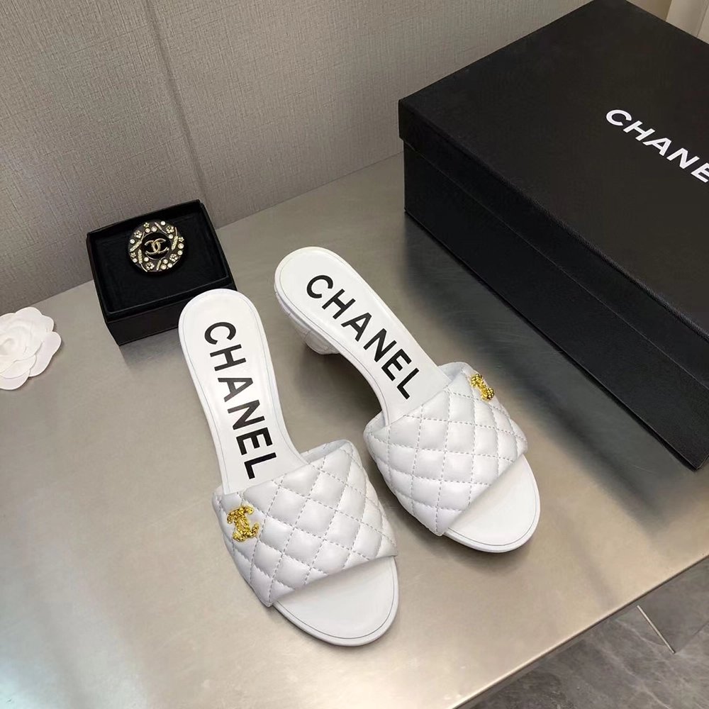 Chanel Lambskin Quilted CC Gold Logo Cone Heel Mule Slide Sandal,CHANEL SNEAKERS