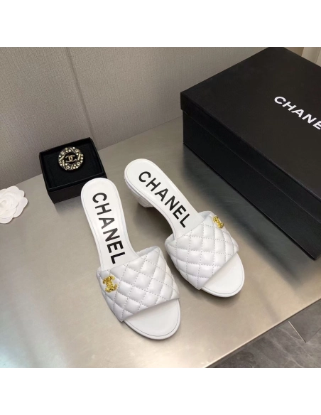 Chanel Lambskin Quilted CC Gold Logo Cone Heel Mule Slide Sandal,CHANEL SNEAKERS