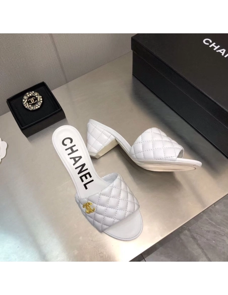 Chanel Lambskin Quilted CC Gold Logo Cone Heel Mule Slide Sandal,CHANEL SNEAKERS