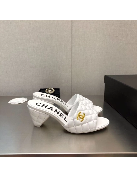 Chanel Lambskin Quilted CC Gold Logo Cone Heel Mule Slide Sandal,CHANEL SNEAKERS