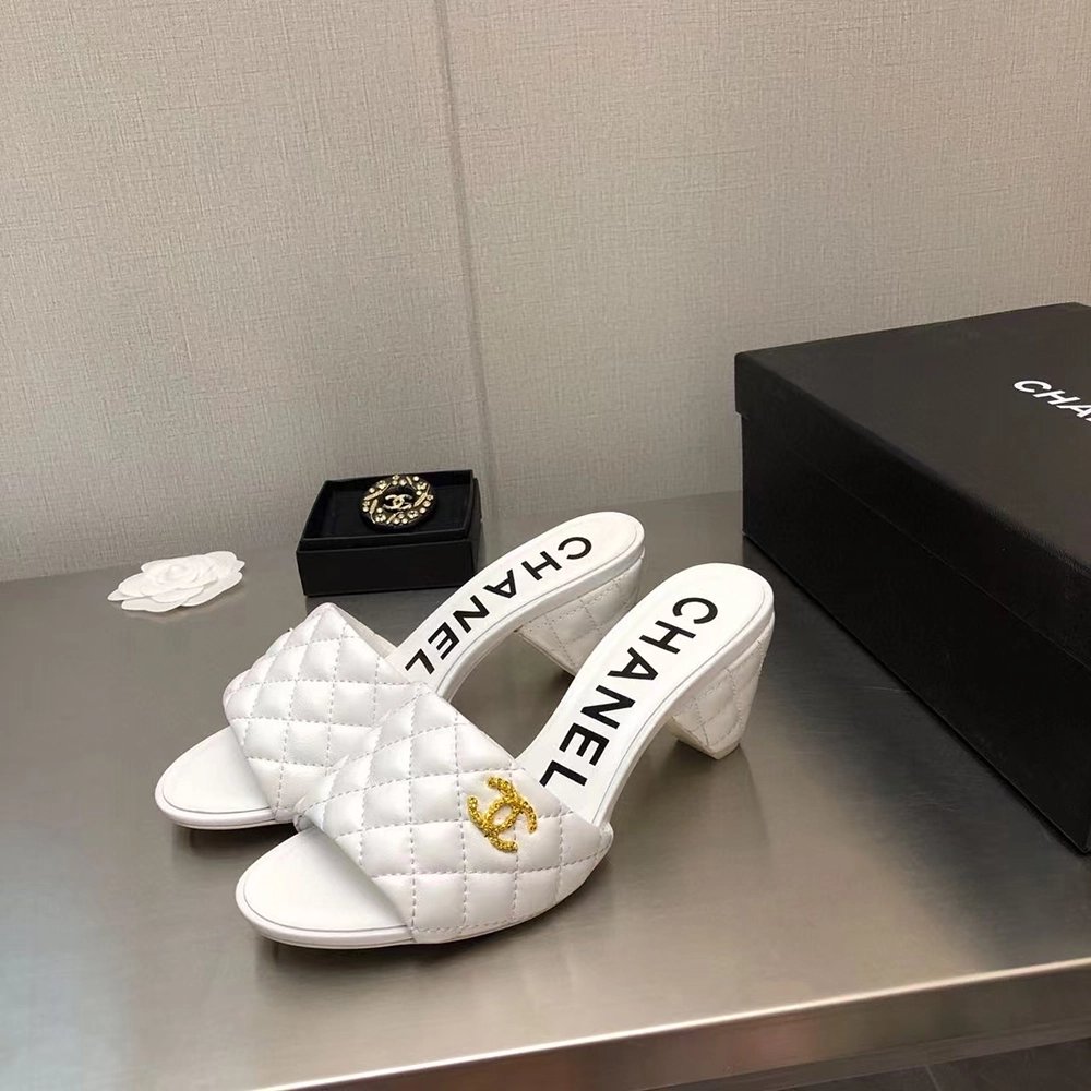 Chanel Lambskin Quilted CC Gold Logo Cone Heel Mule Slide Sandal,CHANEL SNEAKERS