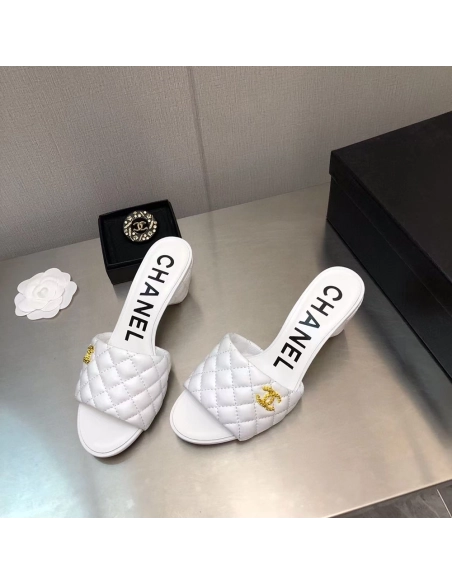 Chanel Lambskin Quilted CC Gold Logo Cone Heel Mule Slide Sandal,CHANEL SNEAKERS