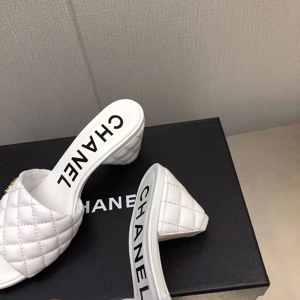 Chanel Lambskin Quilted CC Gold Logo Cone Heel Mule Slide Sandal,CHANEL SNEAKERS