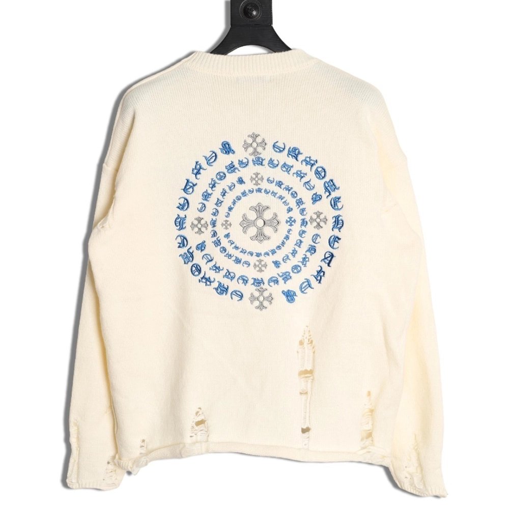 Chrome Hearts Embroidered Round Sanskrit Cross Ripped Sweater,Chrome Hearts