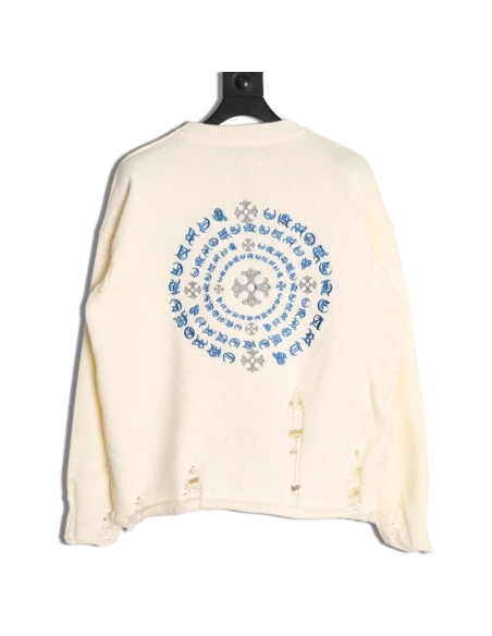 Chrome Hearts Embroidered Round Sanskrit Cross Ripped Sweater,Chrome Hearts