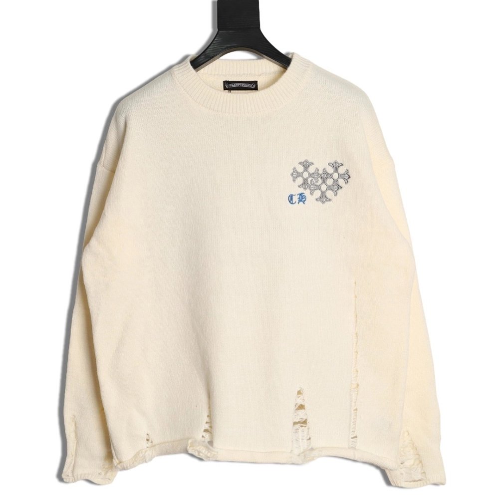 Chrome Hearts Embroidered Round Sanskrit Cross Ripped Sweater,Chrome Hearts