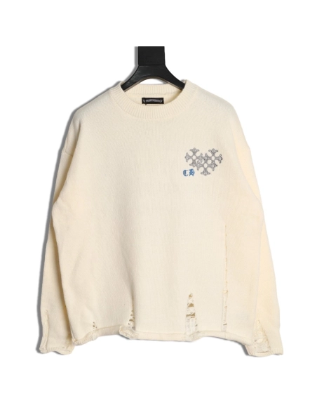 Chrome Hearts Embroidered Round Sanskrit Cross Ripped Sweater,Chrome Hearts