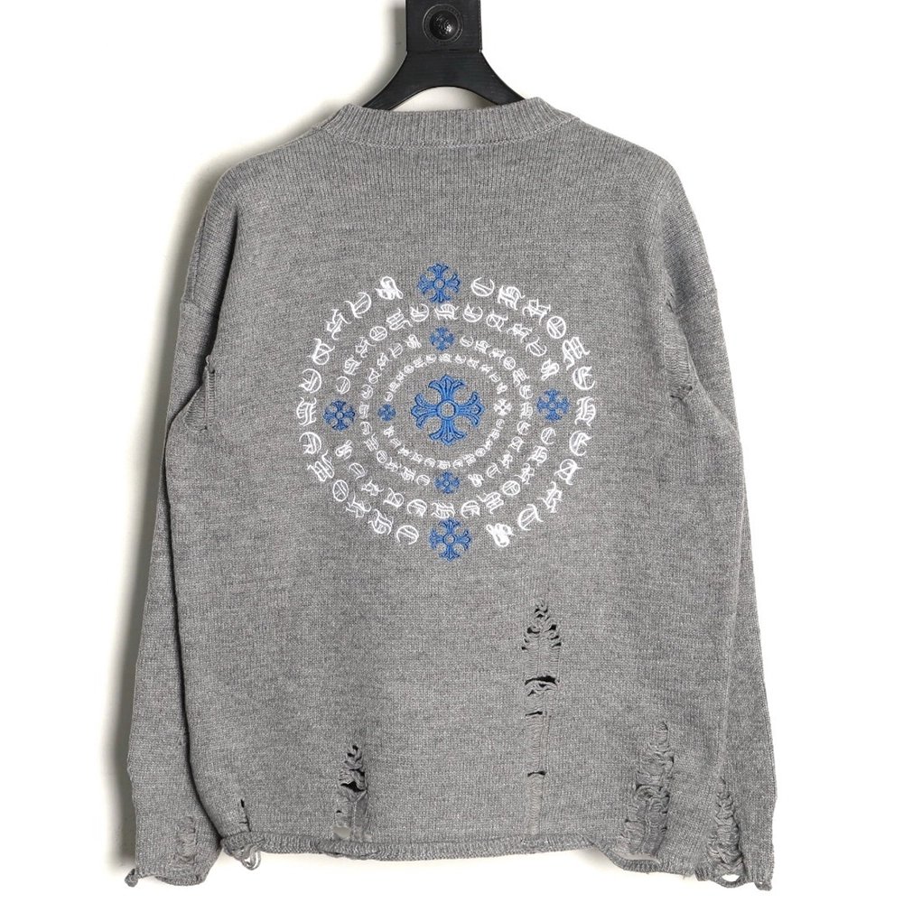 Chrome Hearts Embroidered Round Sanskrit Cross Ripped Sweater TSK1,Chrome Hearts