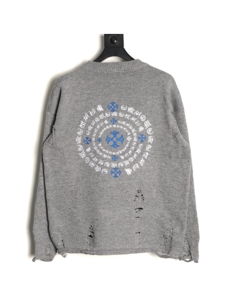 Chrome Hearts Embroidered Round Sanskrit Cross Ripped Sweater TSK1,Chrome Hearts