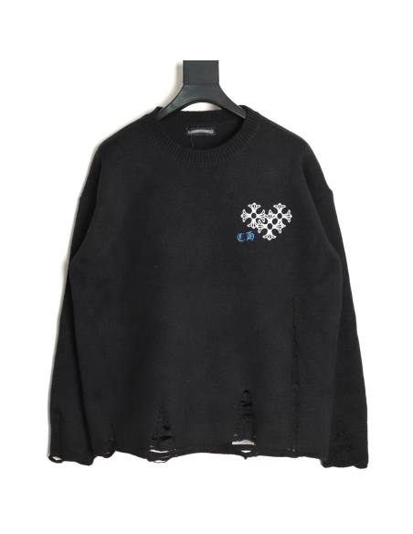 Chrome Hearts Embroidered Round Sanskrit Cross Ripped Sweater TSK2,Chrome Hearts