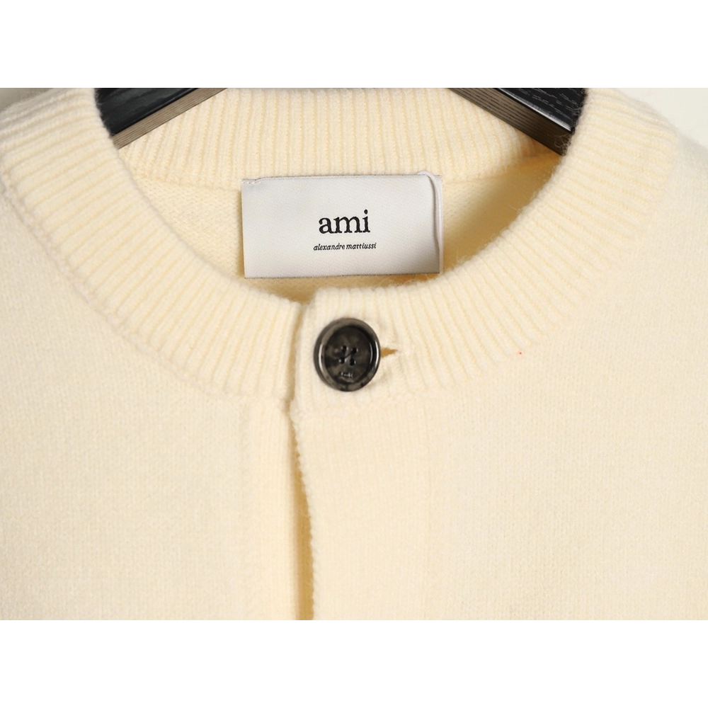 Ami Paris Heart Jacquard Knit Crew Neck Cardigan Sweater,Ami