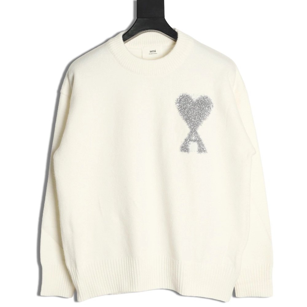 Ami minimalist style crew neck sweater with silver thread heart logo,Ami