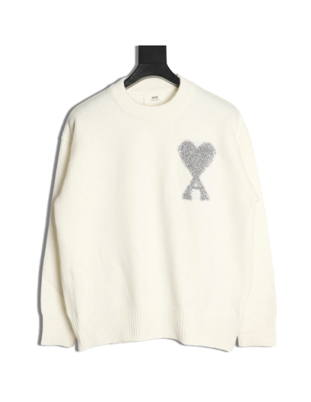 Ami minimalist style crew neck sweater with silver thread heart logo,Ami
